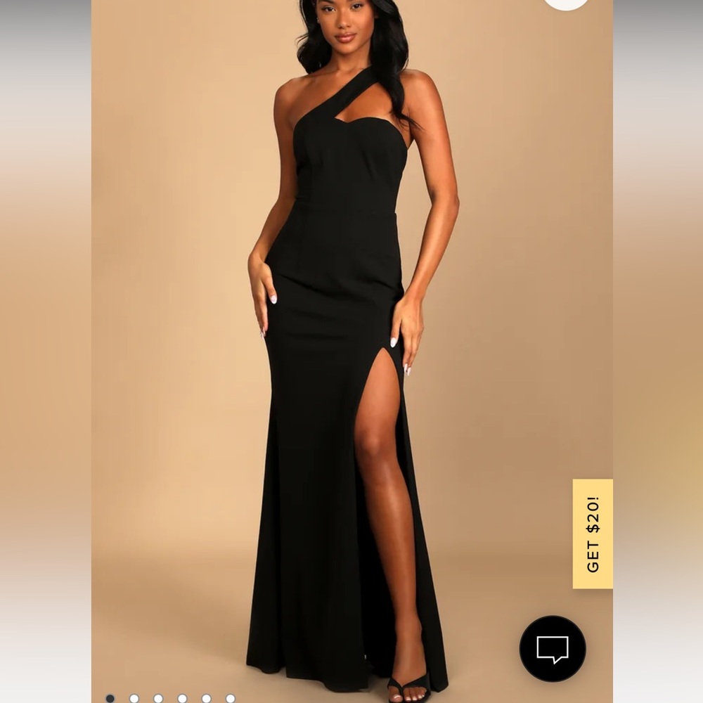 Lulus “Your Majesty Black Asymmetrical Mermaid Maxi Dress”.